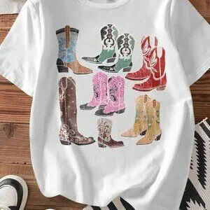 White Casual Women's Style Cowboy Print Tshirt tee